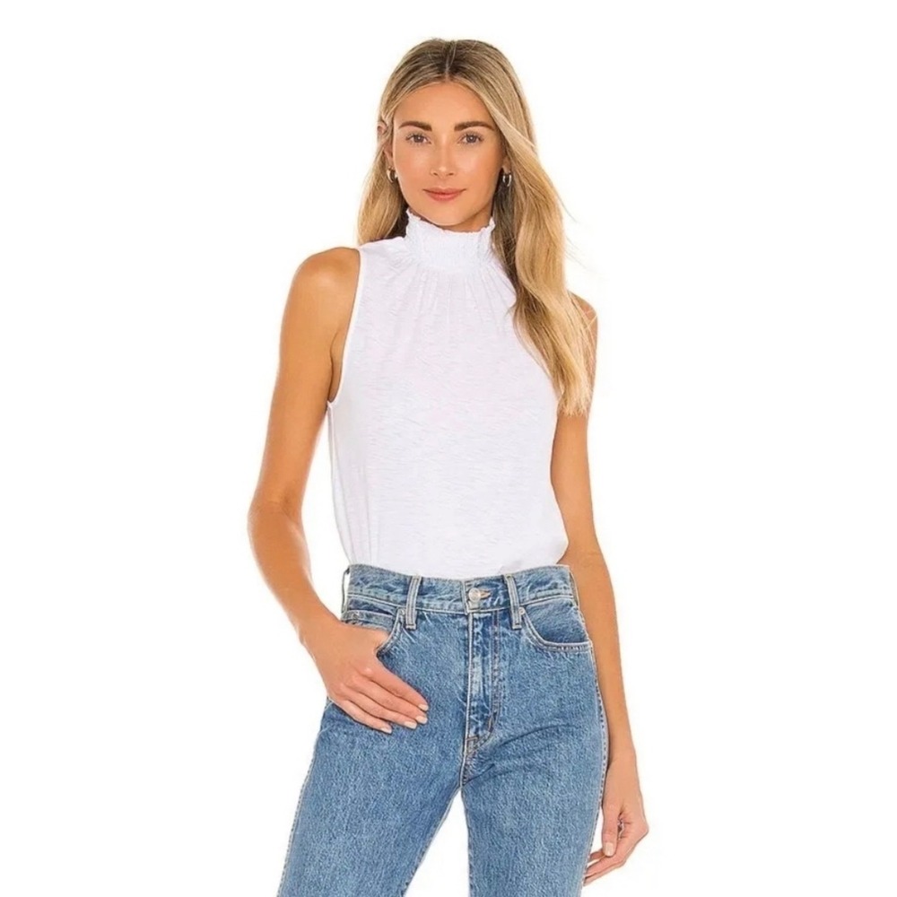 Nation LTD White Pima Cotton Smocked High Neck Sleeveless Top Button Back Large